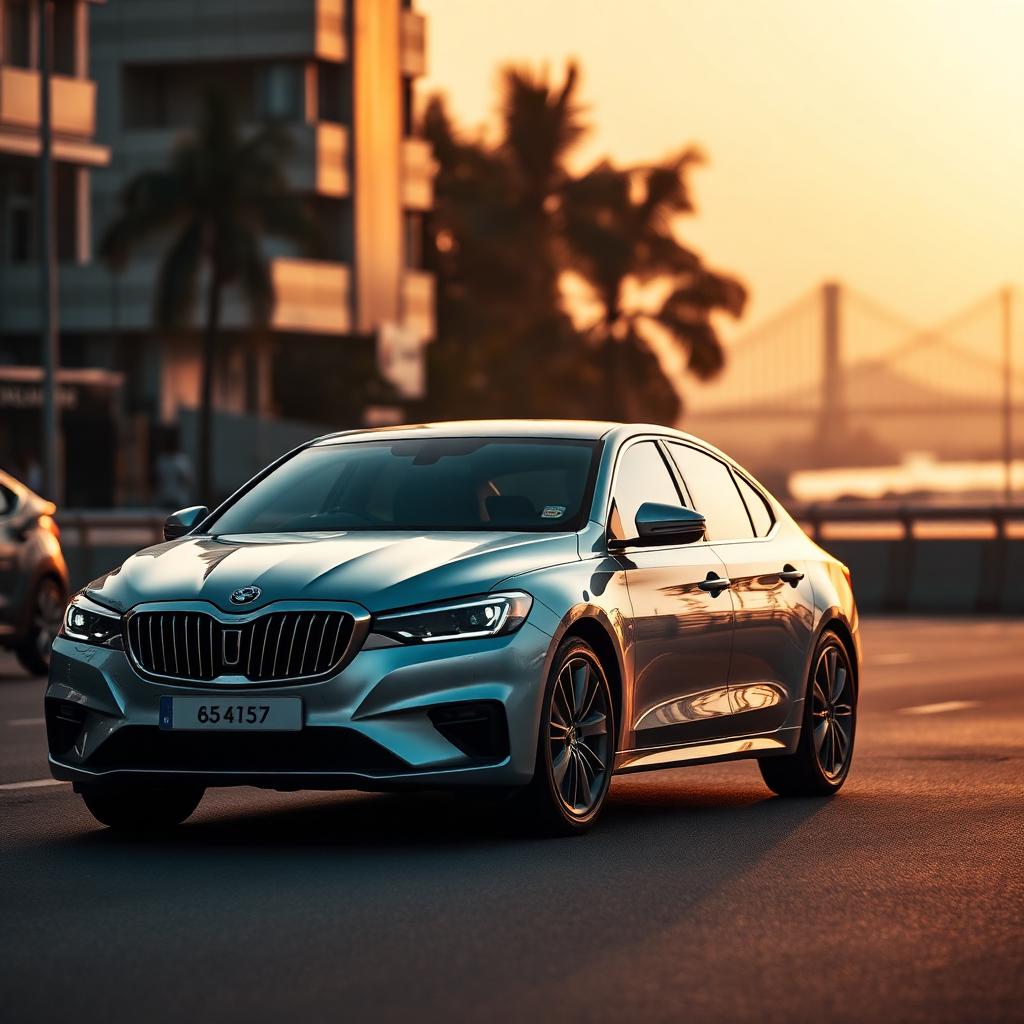 Silver sedan on a Mumbai street at golden hour with the Bandra–Worli sea link in the distance