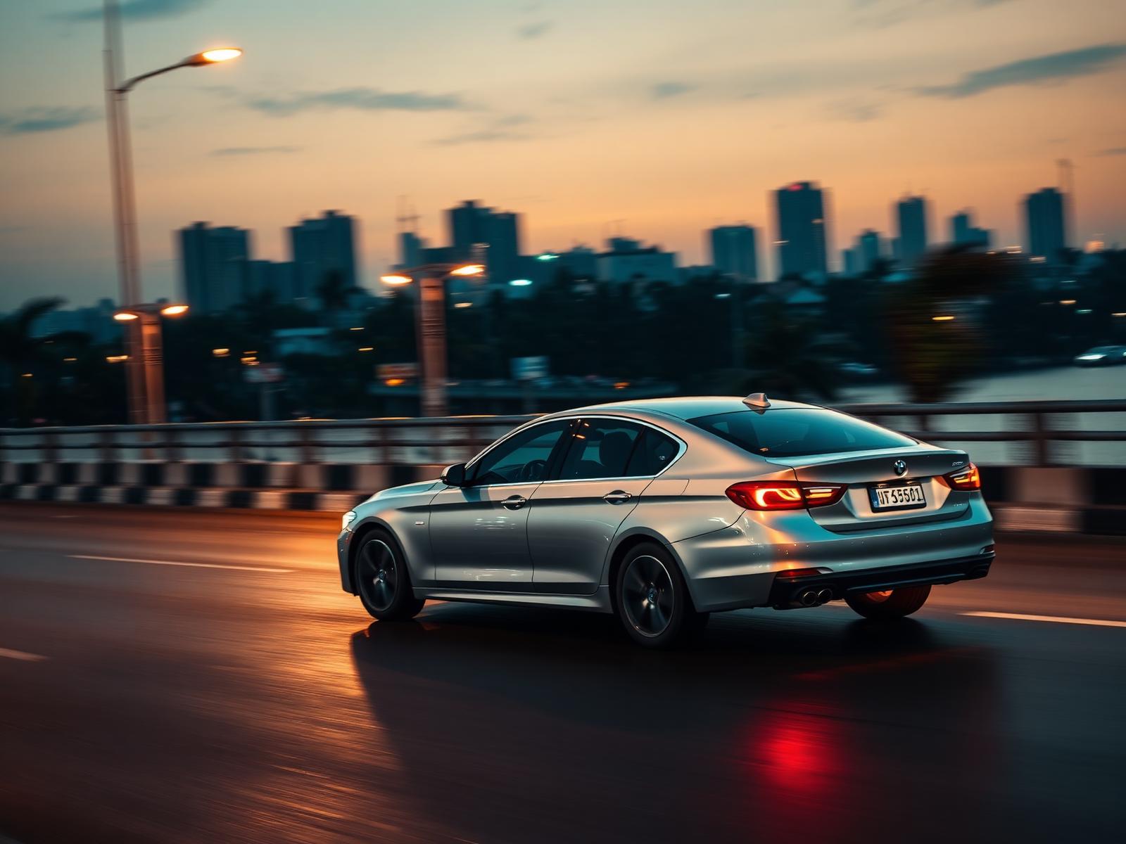 Silver sedan driving on Mumbai's Marine Drive at dusk