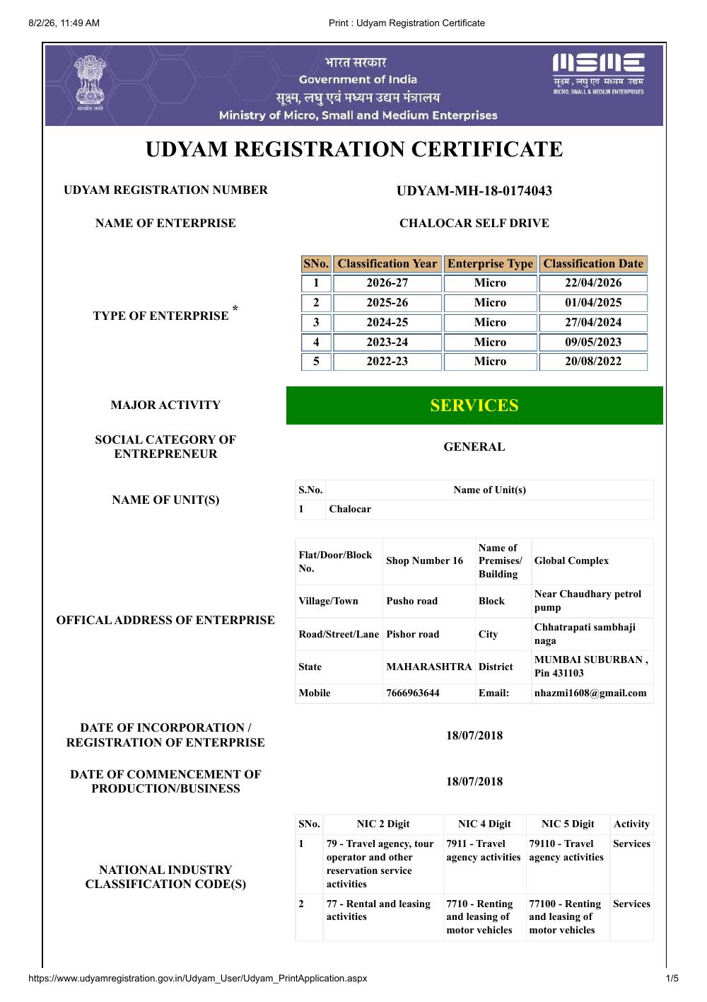 ChaloCar Udyam registration certificate — page 1