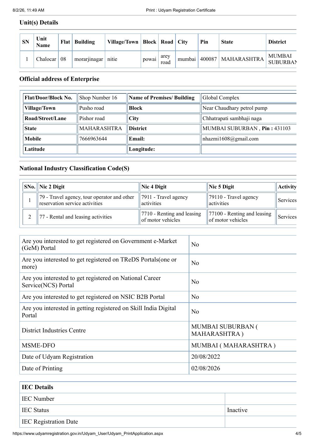 ChaloCar Udyam registration certificate — page 4